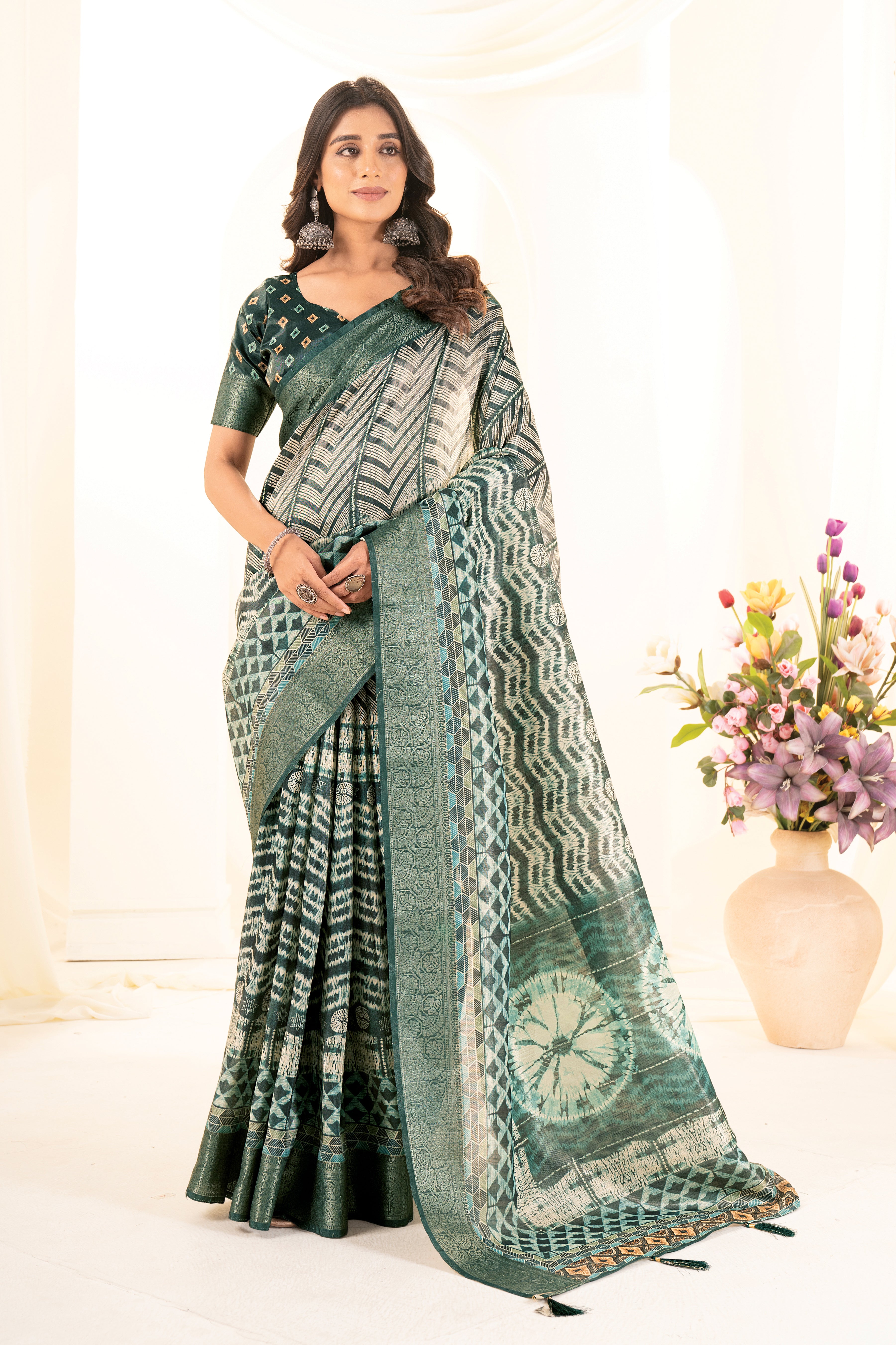 Bottle Green Tussar Silk Ajrak Saree